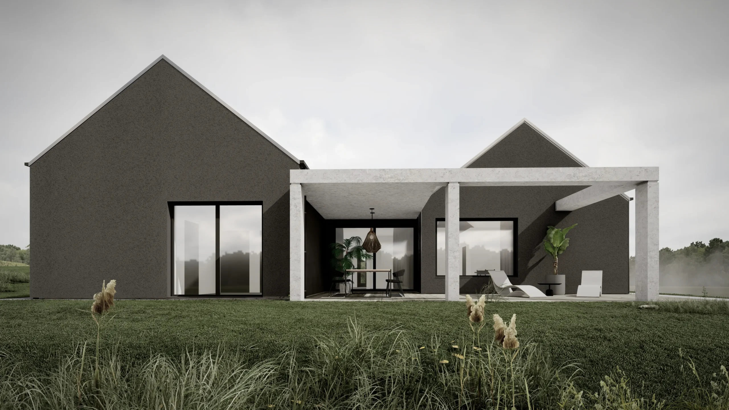 Elewacja ogrodowa z dużymi przeszkleniami i wyjściem na taras – nowoczesny dom parterowy